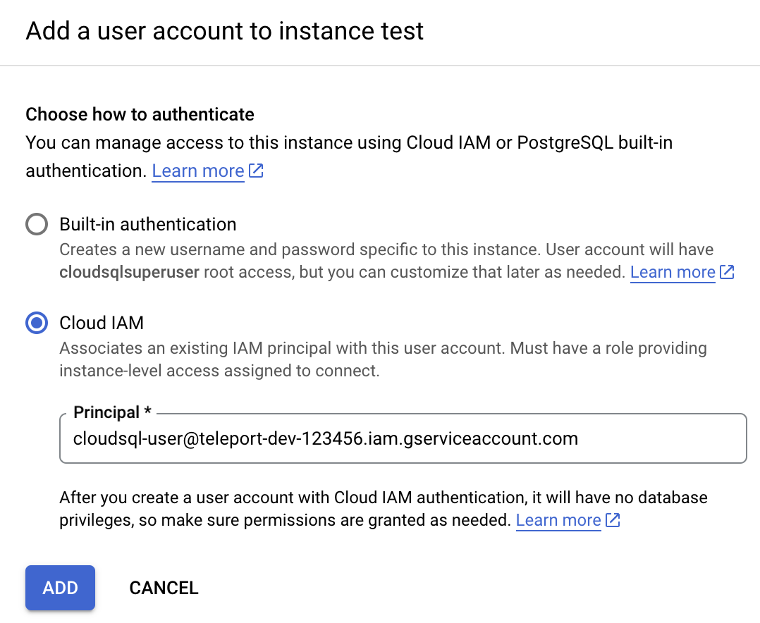 Add Cloud SQL User Account