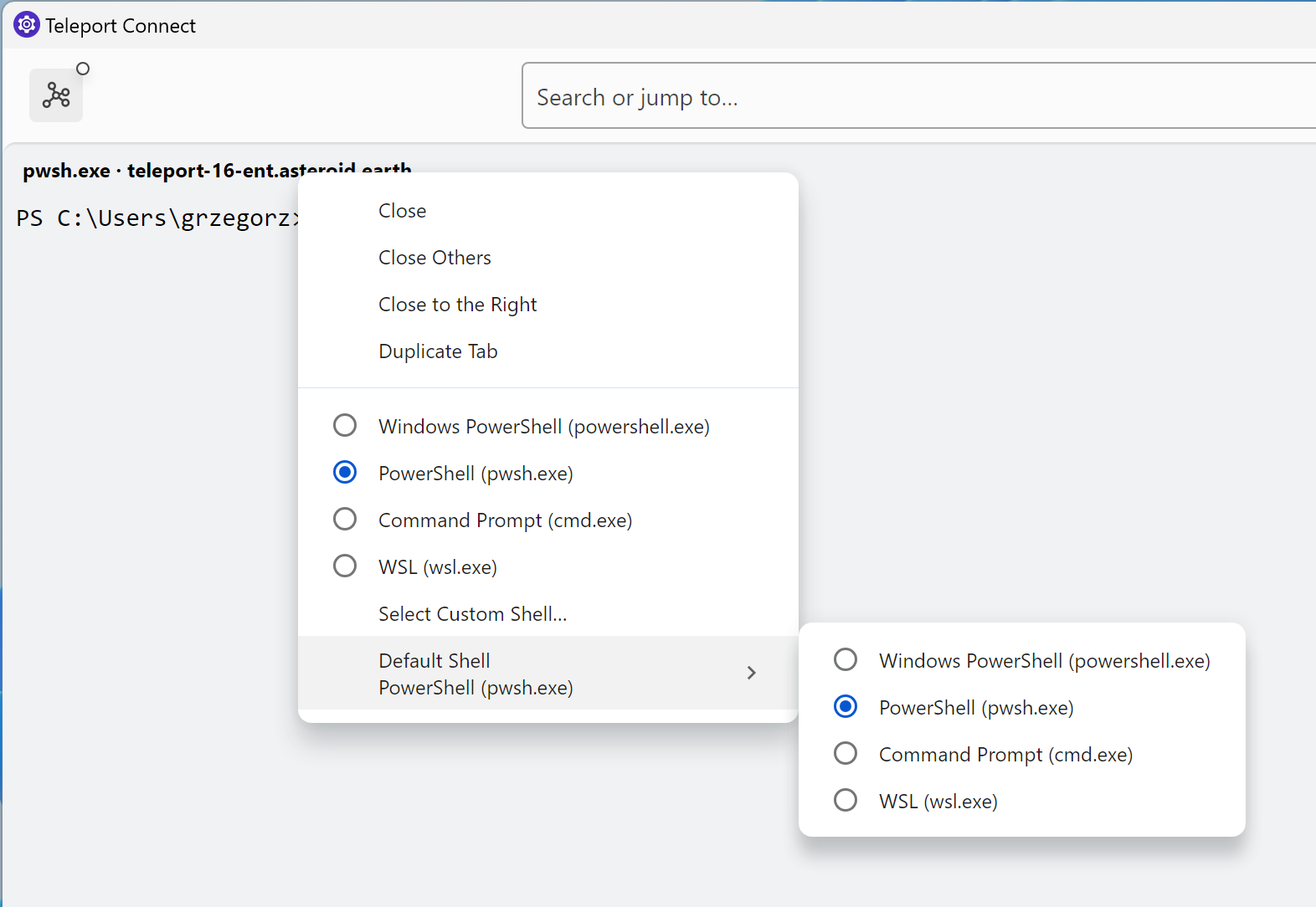 Changing the terminal shell in Teleport Connect on Windows