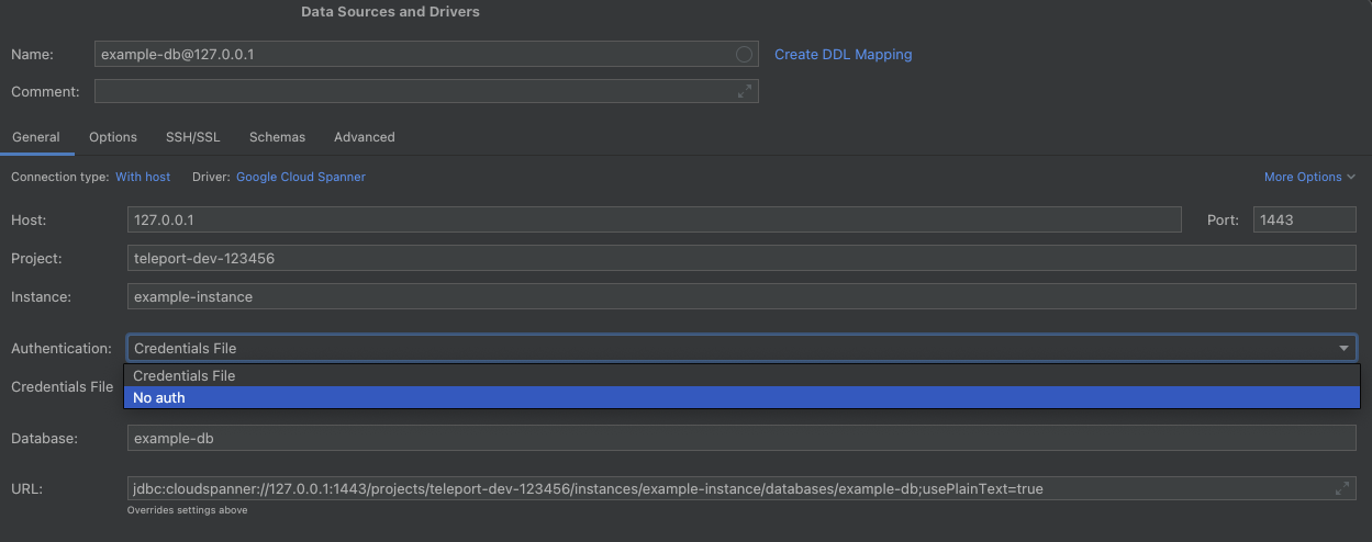 Choose No Auth For DataGrip Spanner Data Source